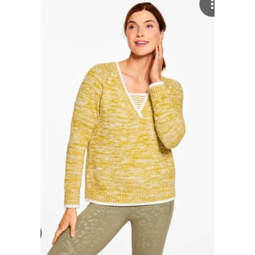 T by Talbots Mustard Yellow Marled V-Neck Sweater Large Casual‎ Coastal Preppy